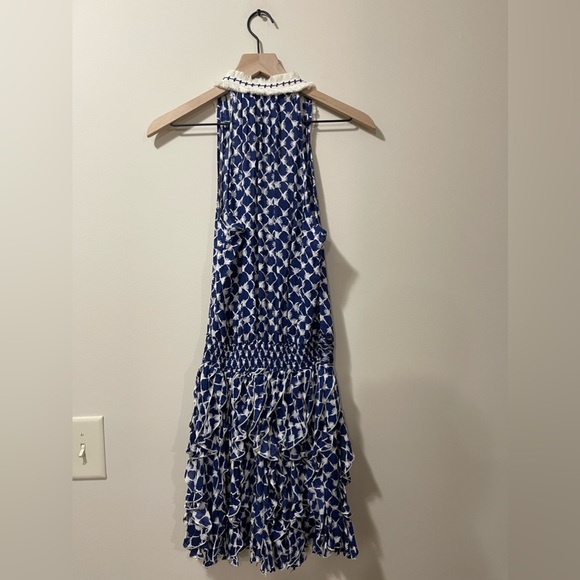 Poupette St Barth Blue & Cream Fringe Ruffle Fit & Flare Dress Size Small - Picture 6 of 10